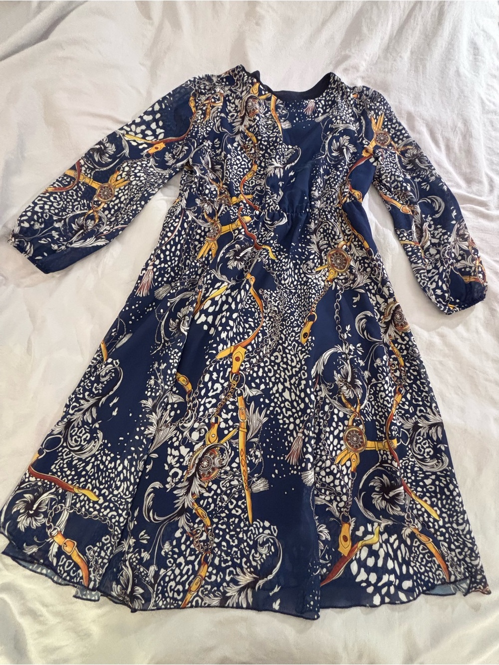 Equestrian Scarf Chain Print Dress Womens Size L Navy Blue Long Sleeve Chiffon